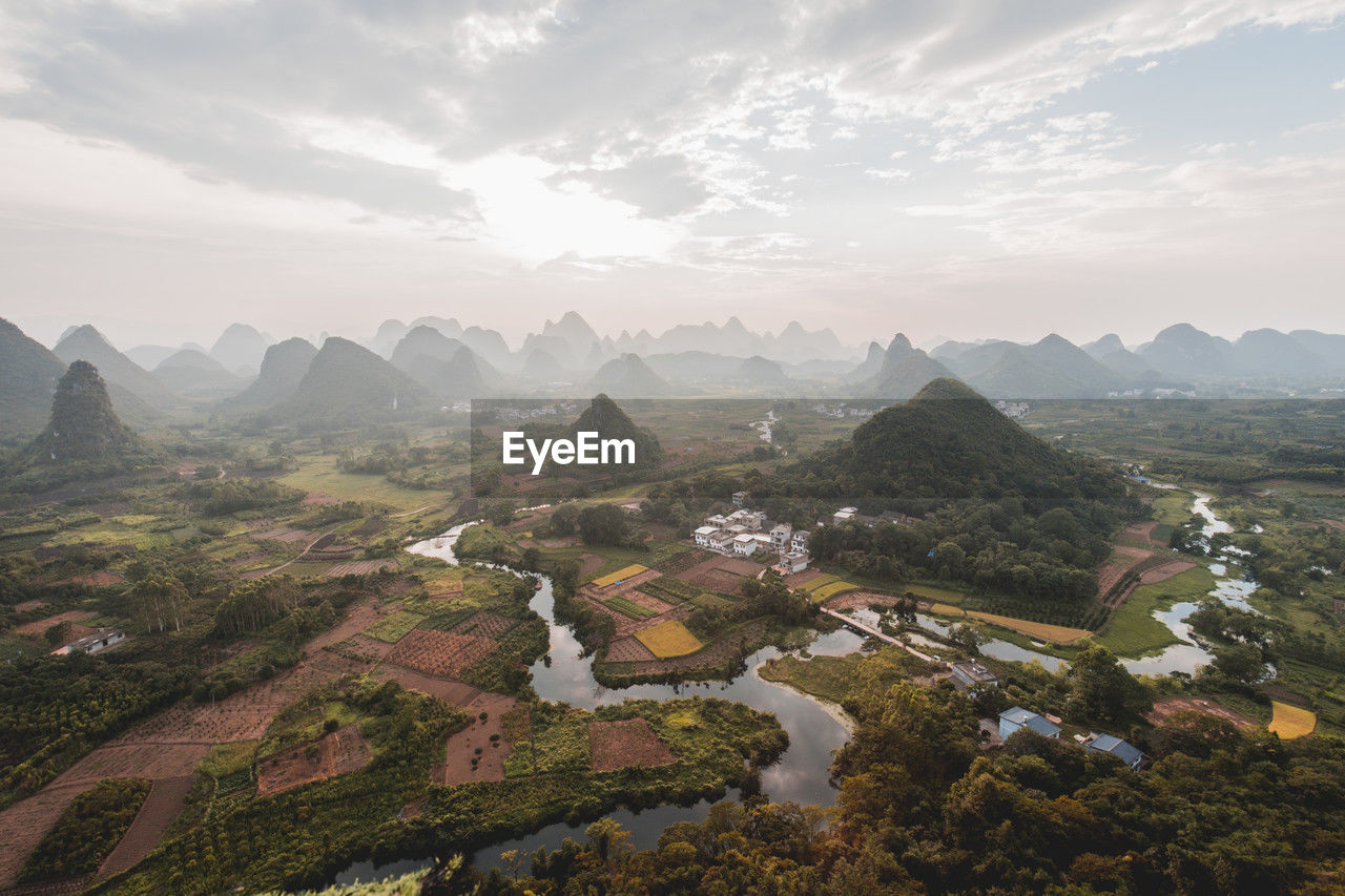 Xingping town with mountains at sunset, guilin, china