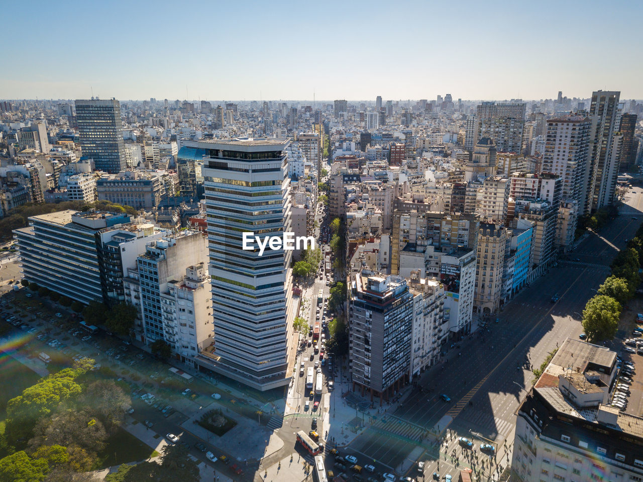 High angle view of cityscape against clear sky