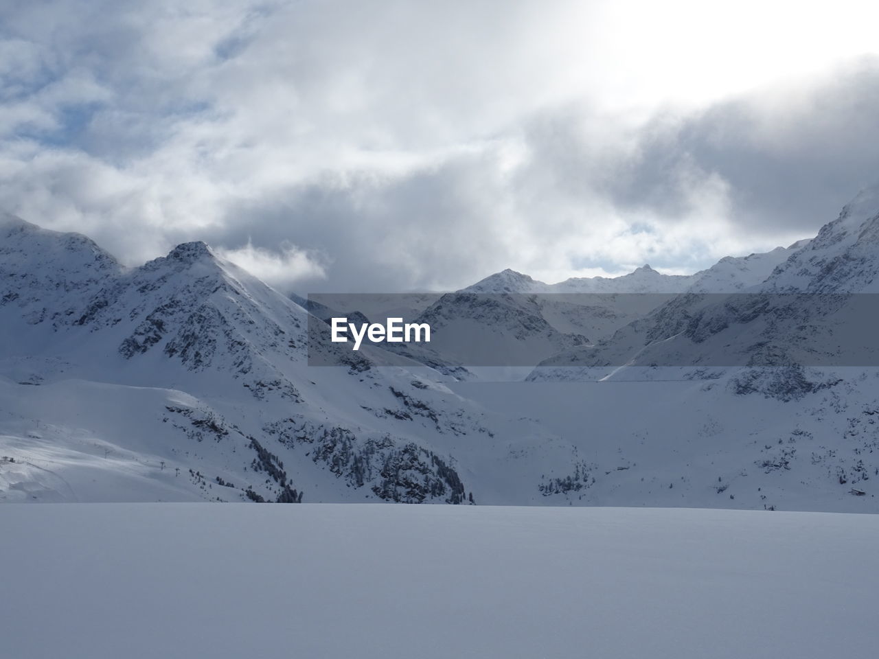 Scenic view of snow covered mountains against sky