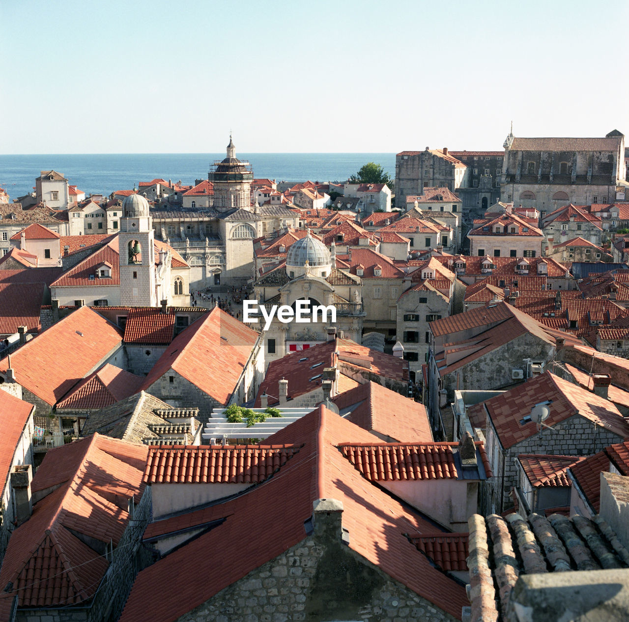 High angle view of townscape against clear sky