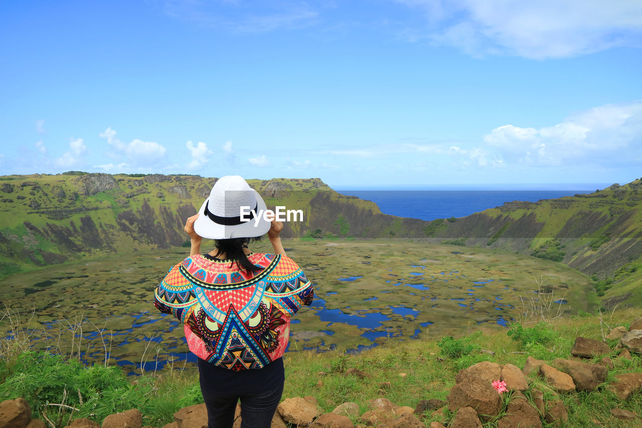 Rear view of woman standing on land against sky