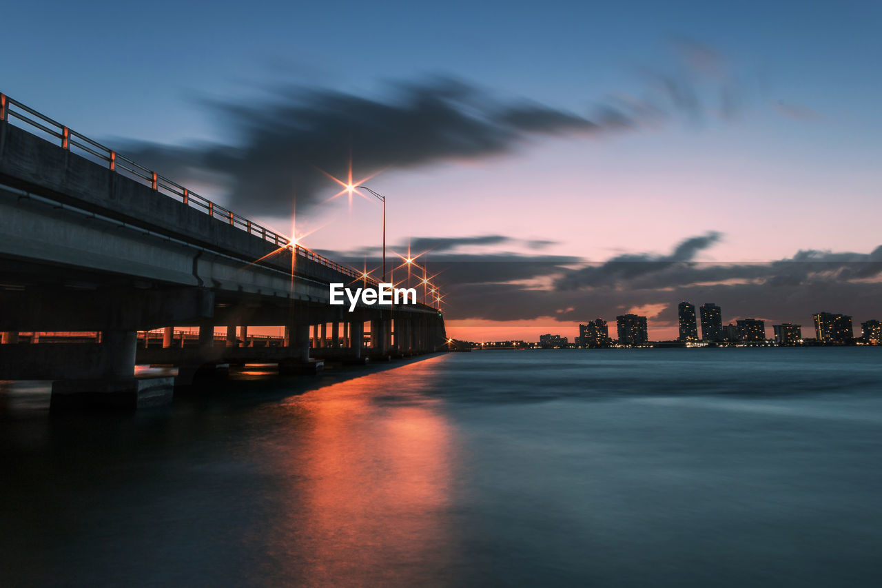 Bridge over river with buildings in background