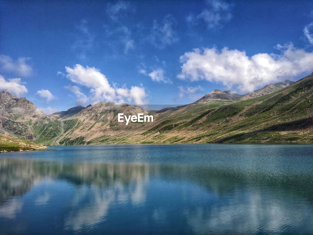 Scenic view of lake and mountains against sky