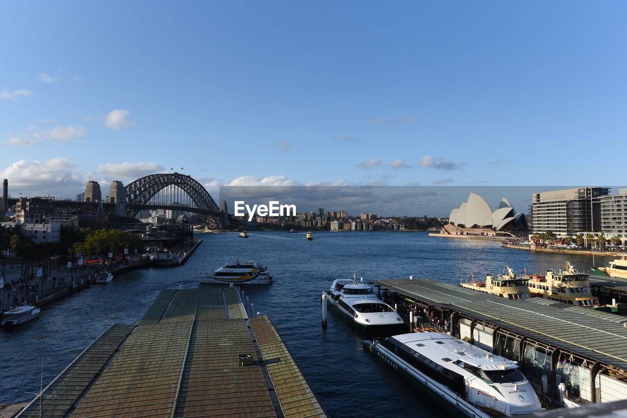 Bridge over river with city in background