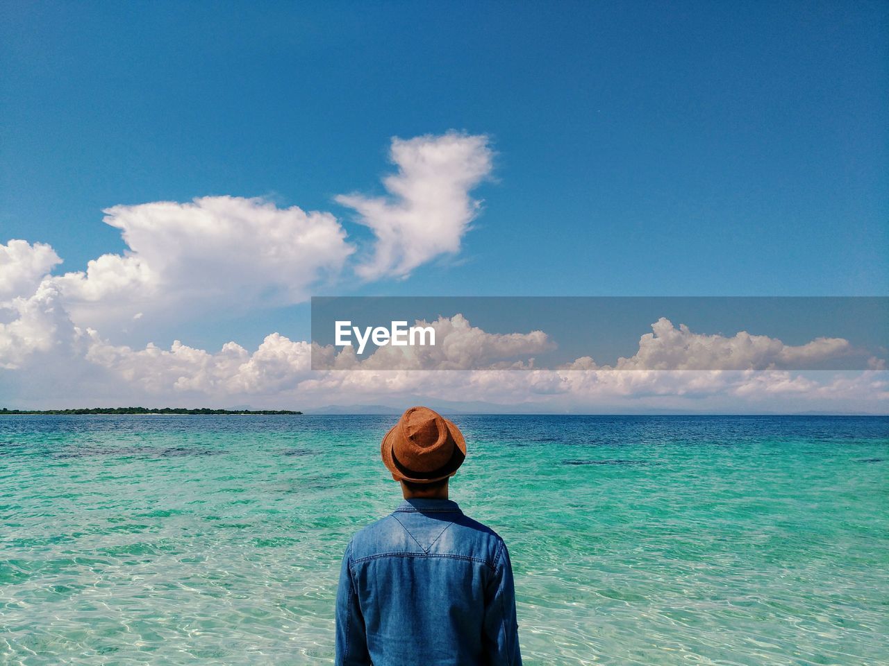 Rear view of man standing against sea