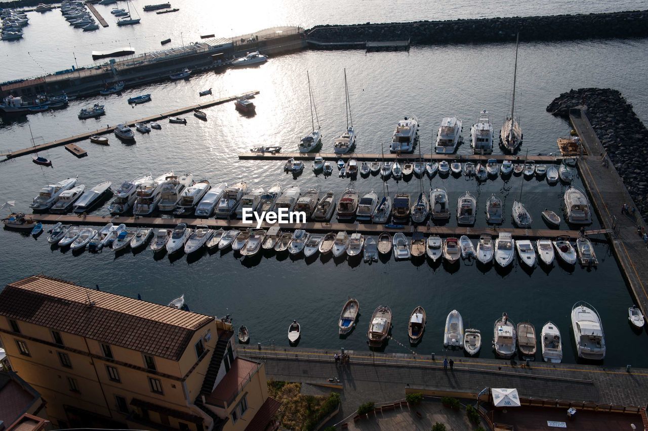 High angle view of moored boats in water
