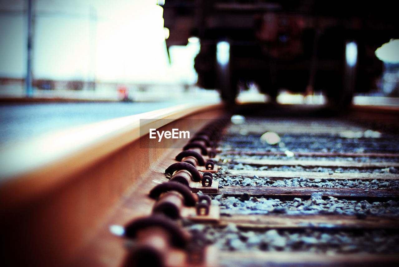 Close-up of train on railroad track