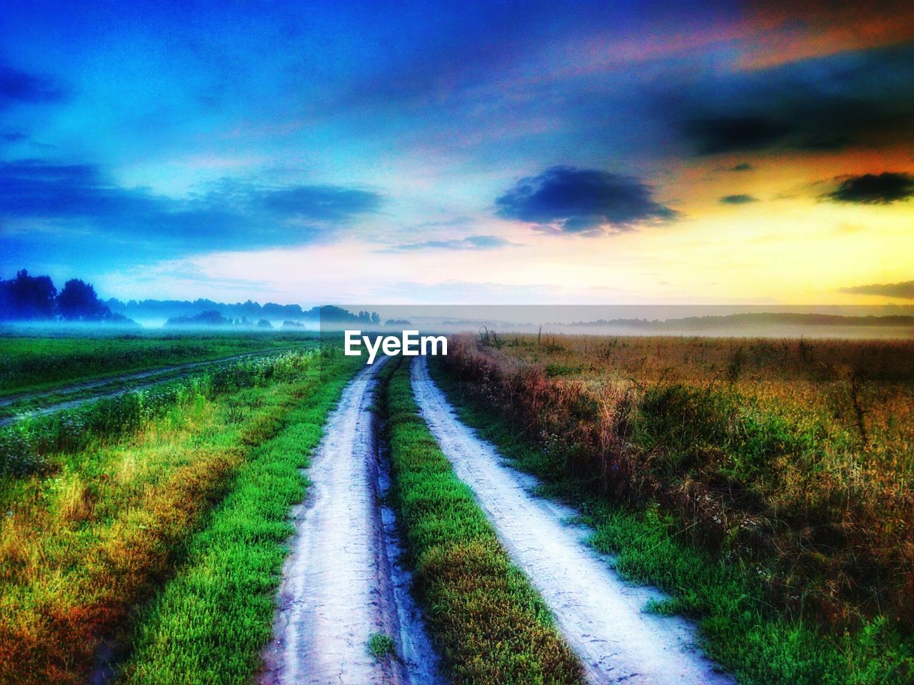 DIRT ROAD AMIDST FIELD AGAINST SKY