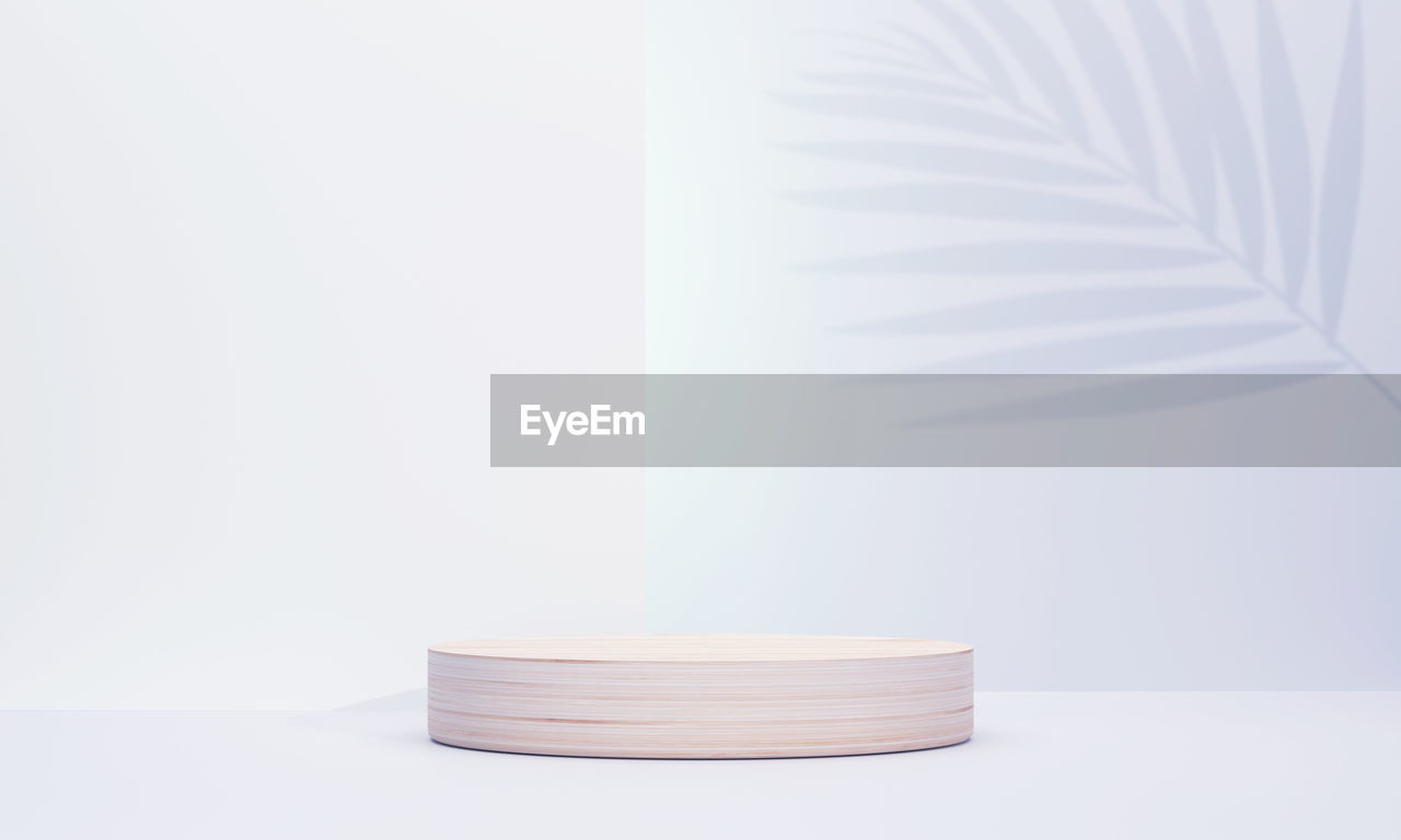 3d. large circular wooden podium on a background with palm leaf shadows behind in a relaxed feeling.