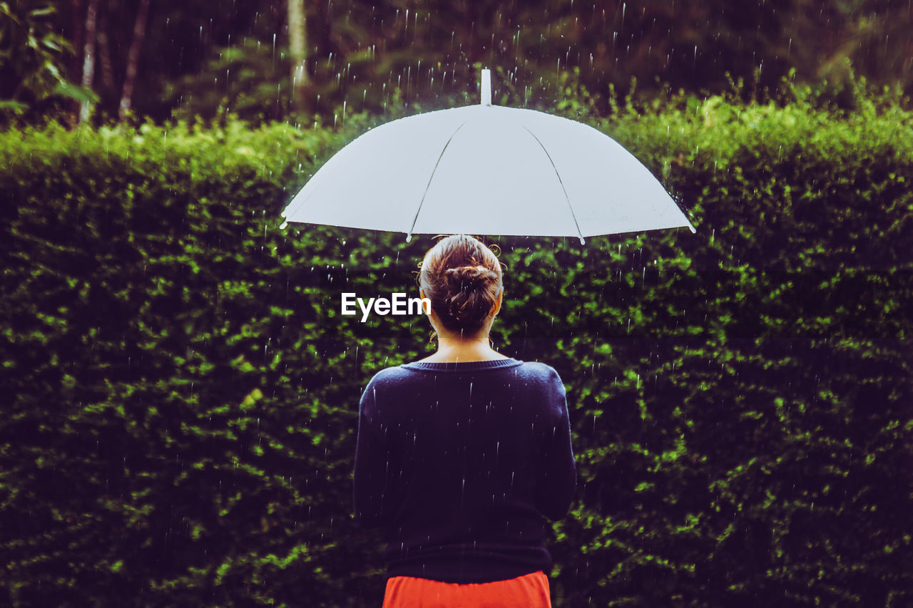 Rear view of woman with umbrella standing against plants during rainy season