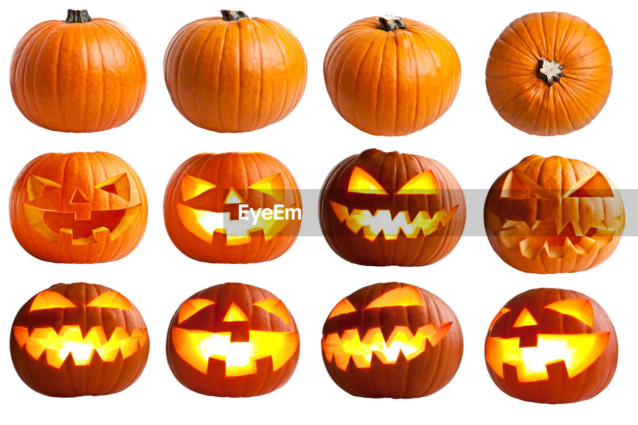 pumpkin, halloween, food, food and drink, celebration, jack-o'-lantern, autumn, holiday, vegetable, orange color, winter squash, face, tradition, anthropomorphic, anthropomorphic face, creativity, no people, decoration, healthy eating, in a row, squash, cut out, craft, freshness, smiling