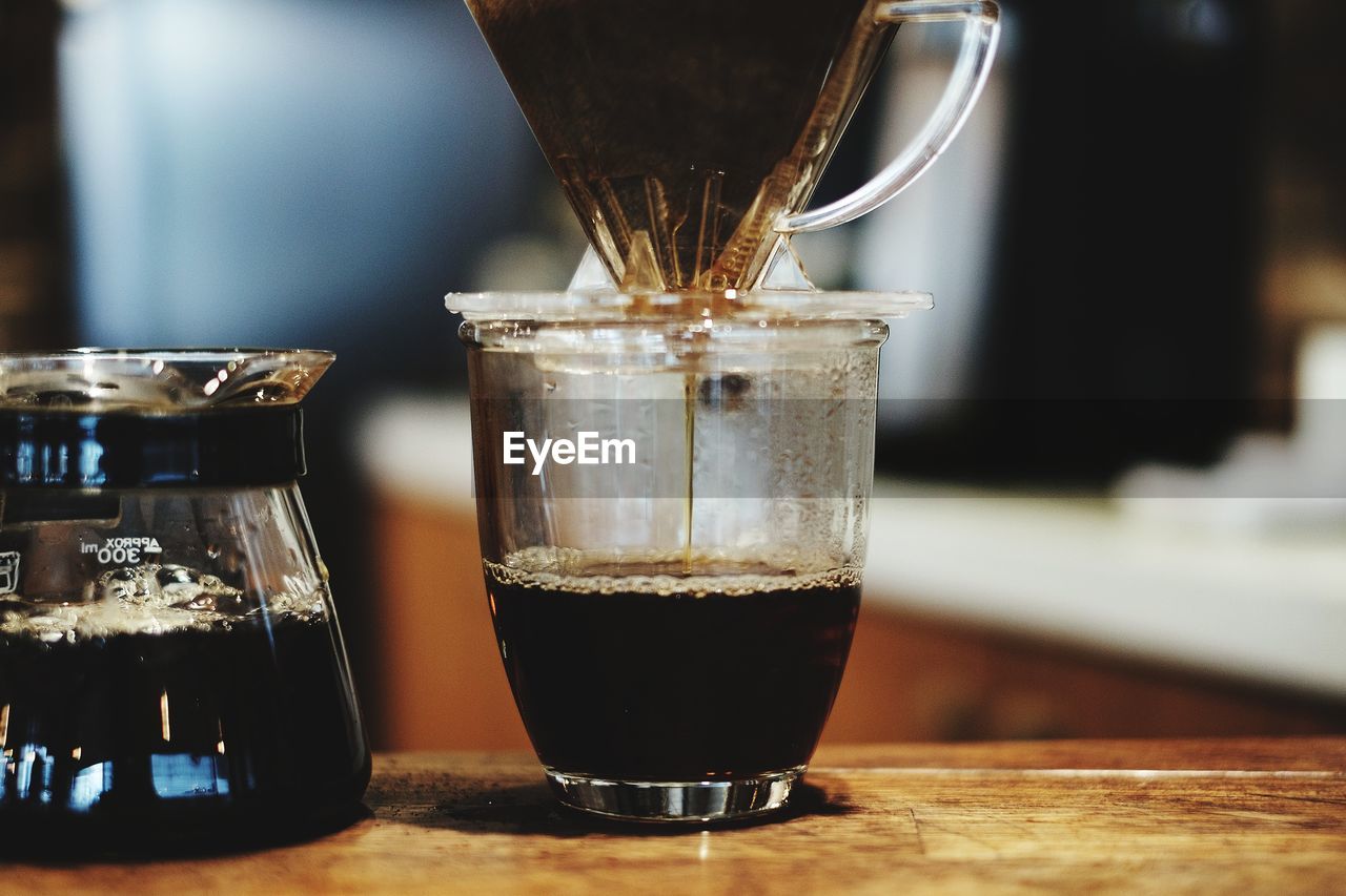 CLOSE-UP OF COFFEE AND DRINK ON TABLE