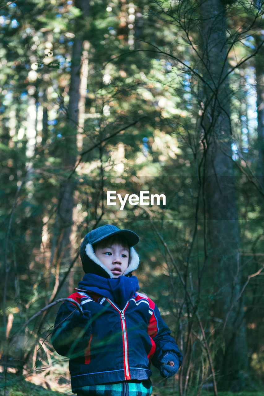 Cute boy standing in forest