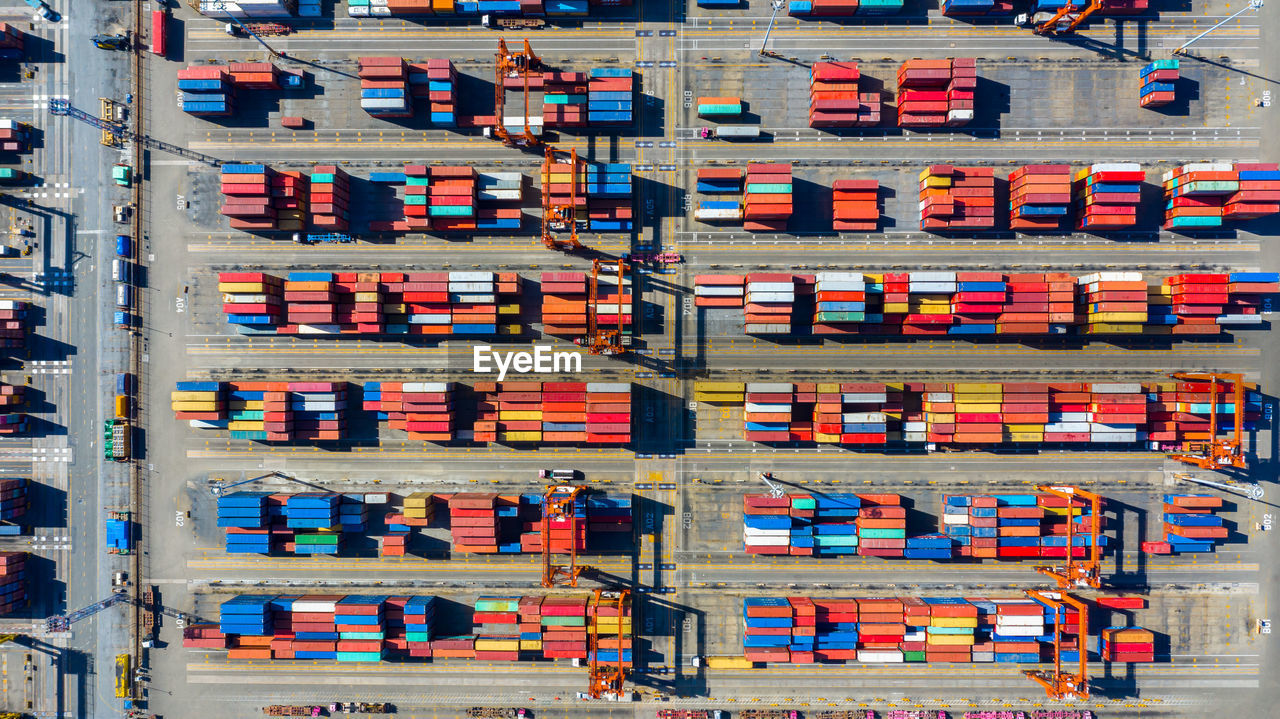 Aerial view of multi colored cargo container on land