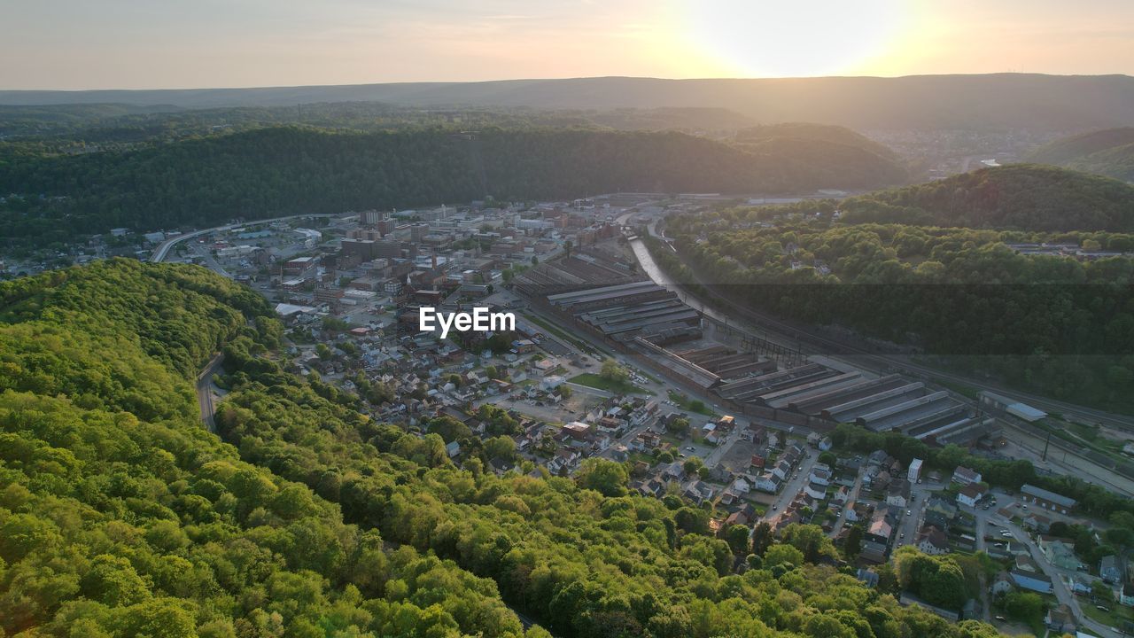 High angle view of townscape against sky at sunset