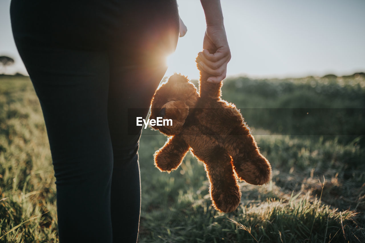 Midsection of woman holding teddy bear on field