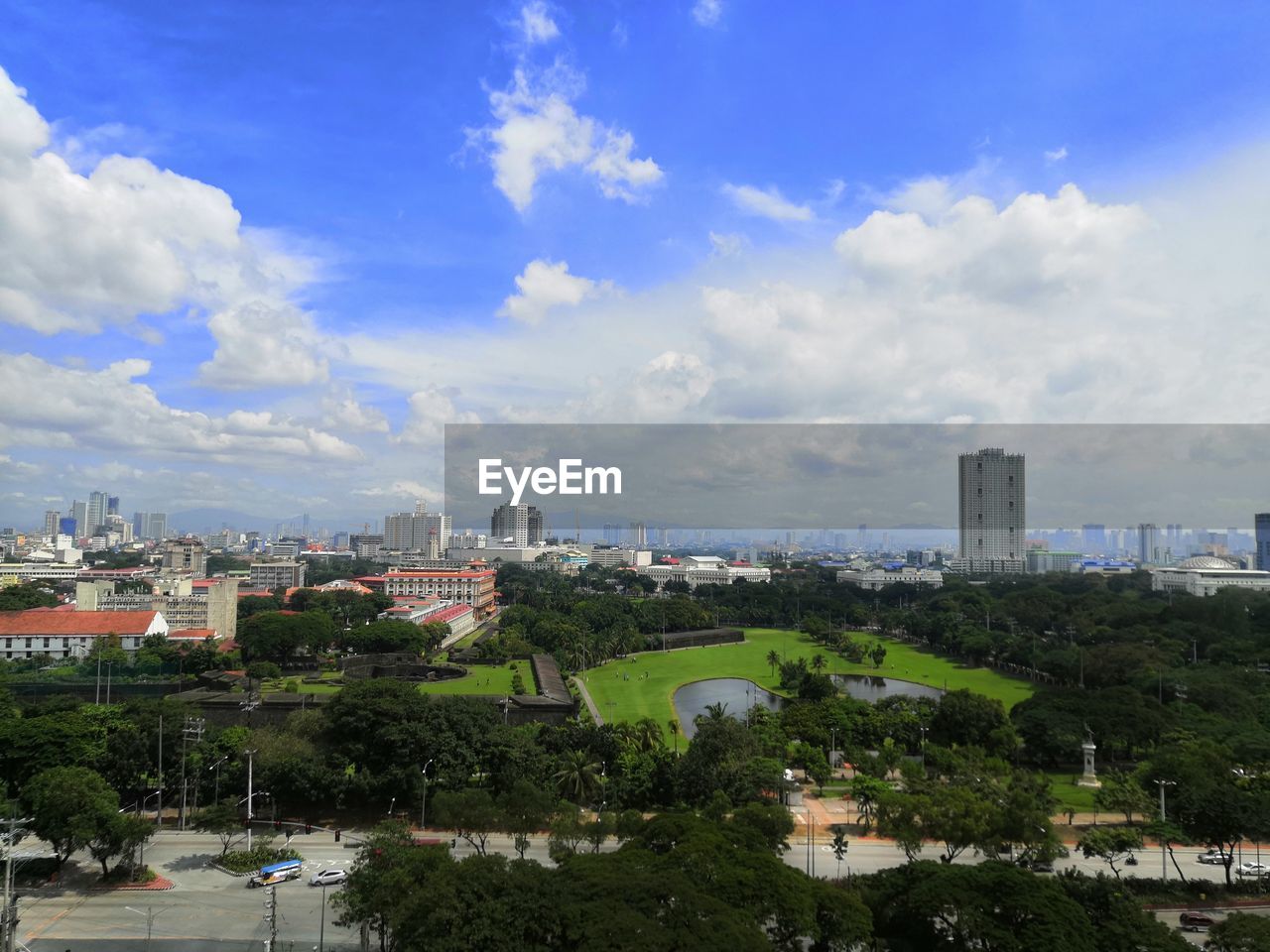 High angle view of buildings against sky