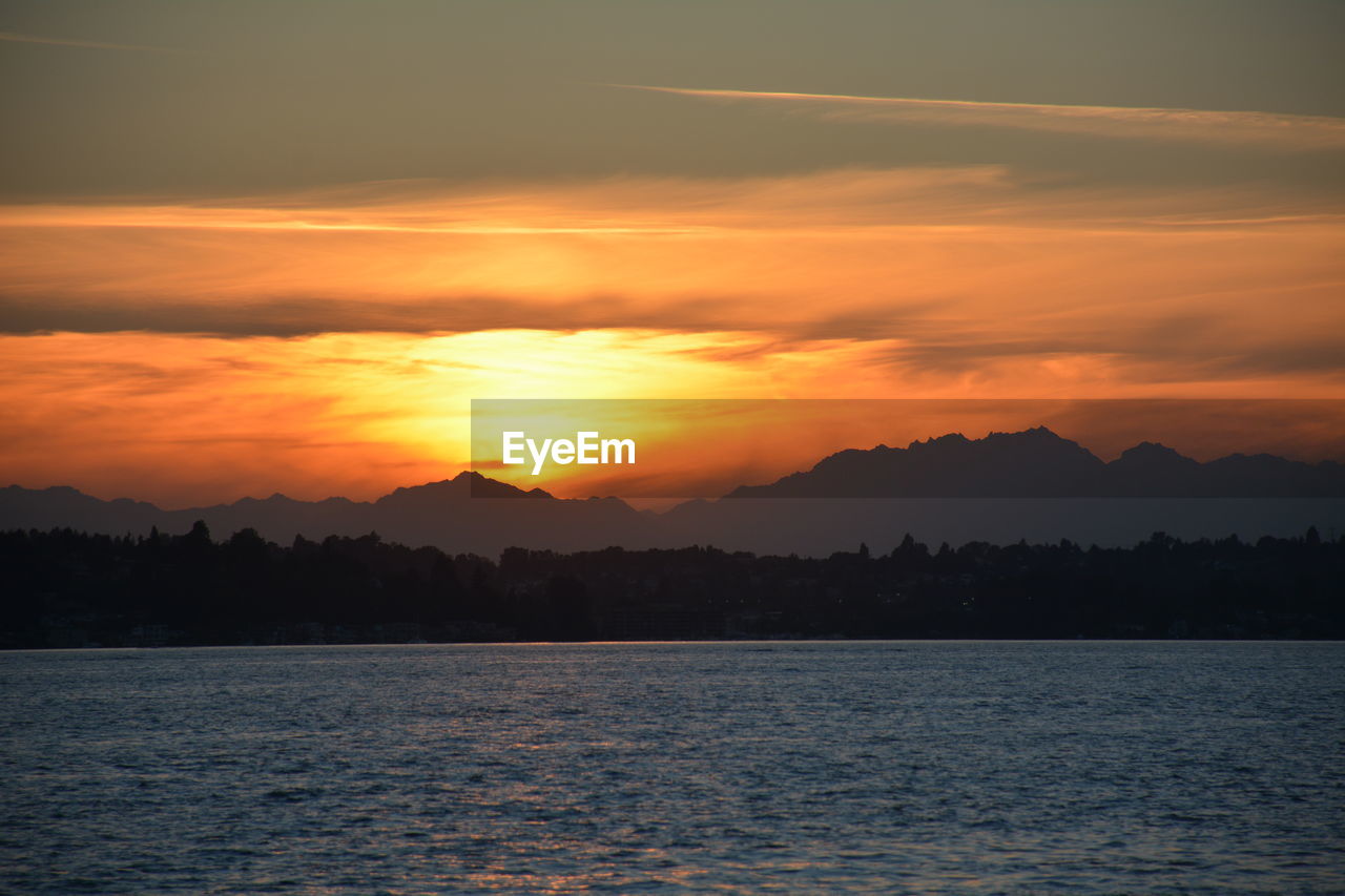 Scenic view of silhouette mountains against sky during sunset