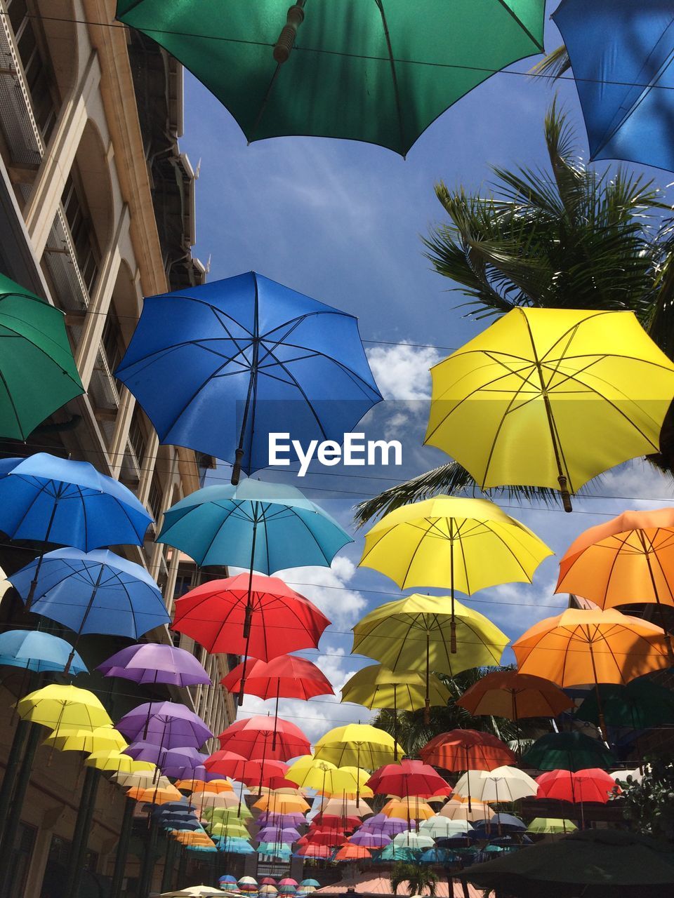 LOW ANGLE VIEW OF MULTI COLORED UMBRELLAS HANGING AT MARKET