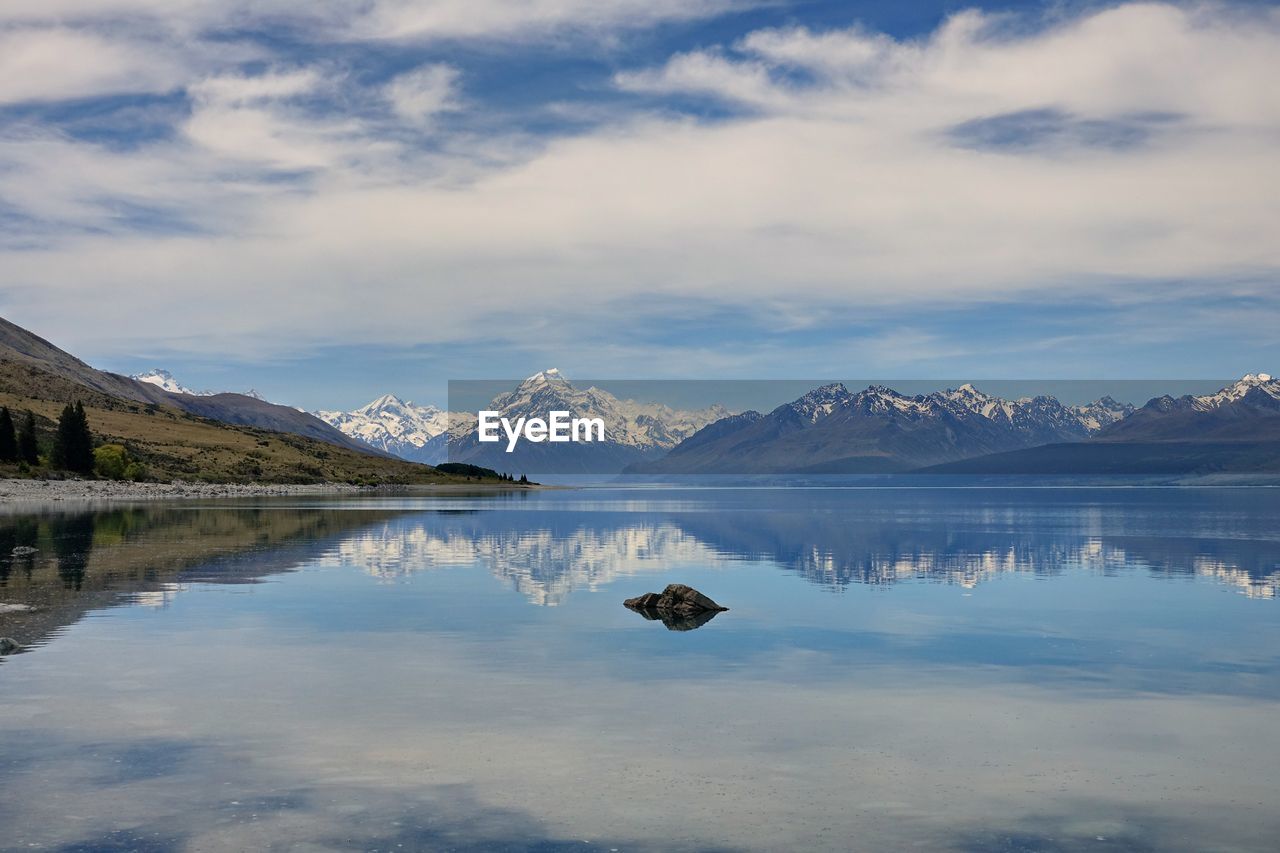 Scenic view of lake by snowcapped mountains against sky