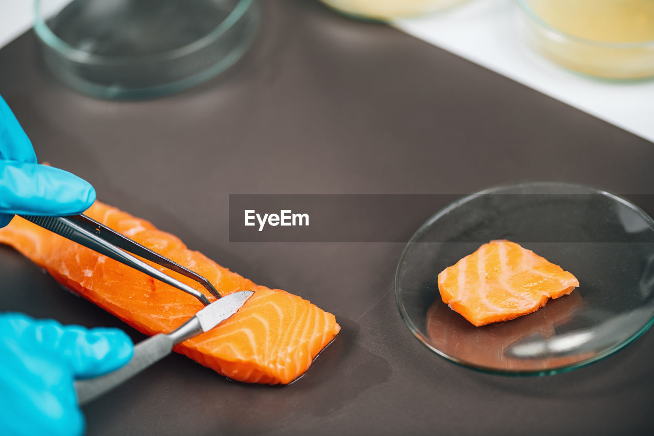 Food safety and quality testing salmon fish. laboratory technician taking salmon fish sample.