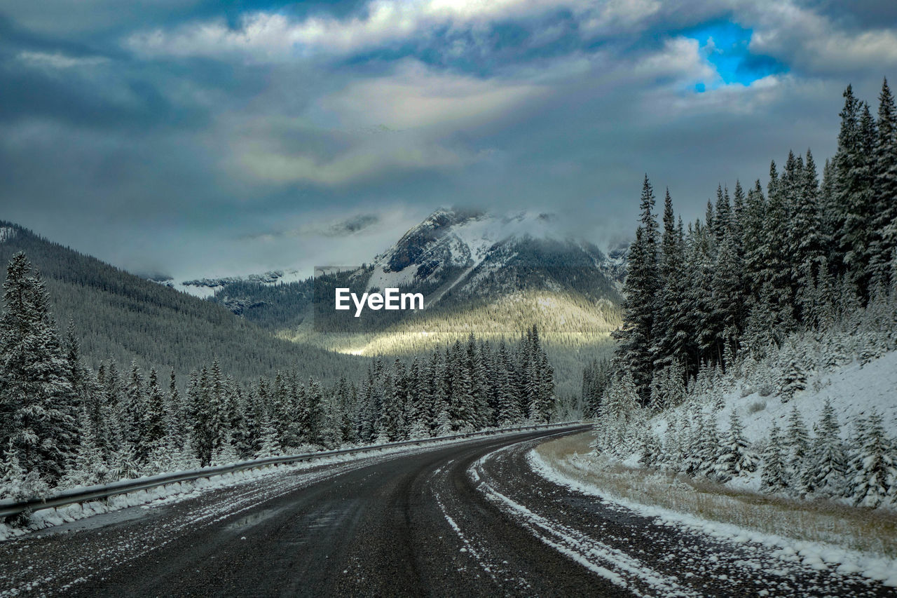 Road amidst trees against snowcapped mountains