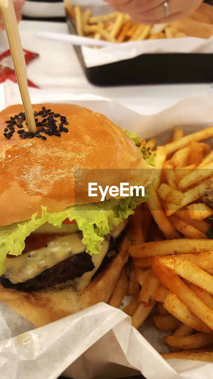 Close-up of burger with french fries