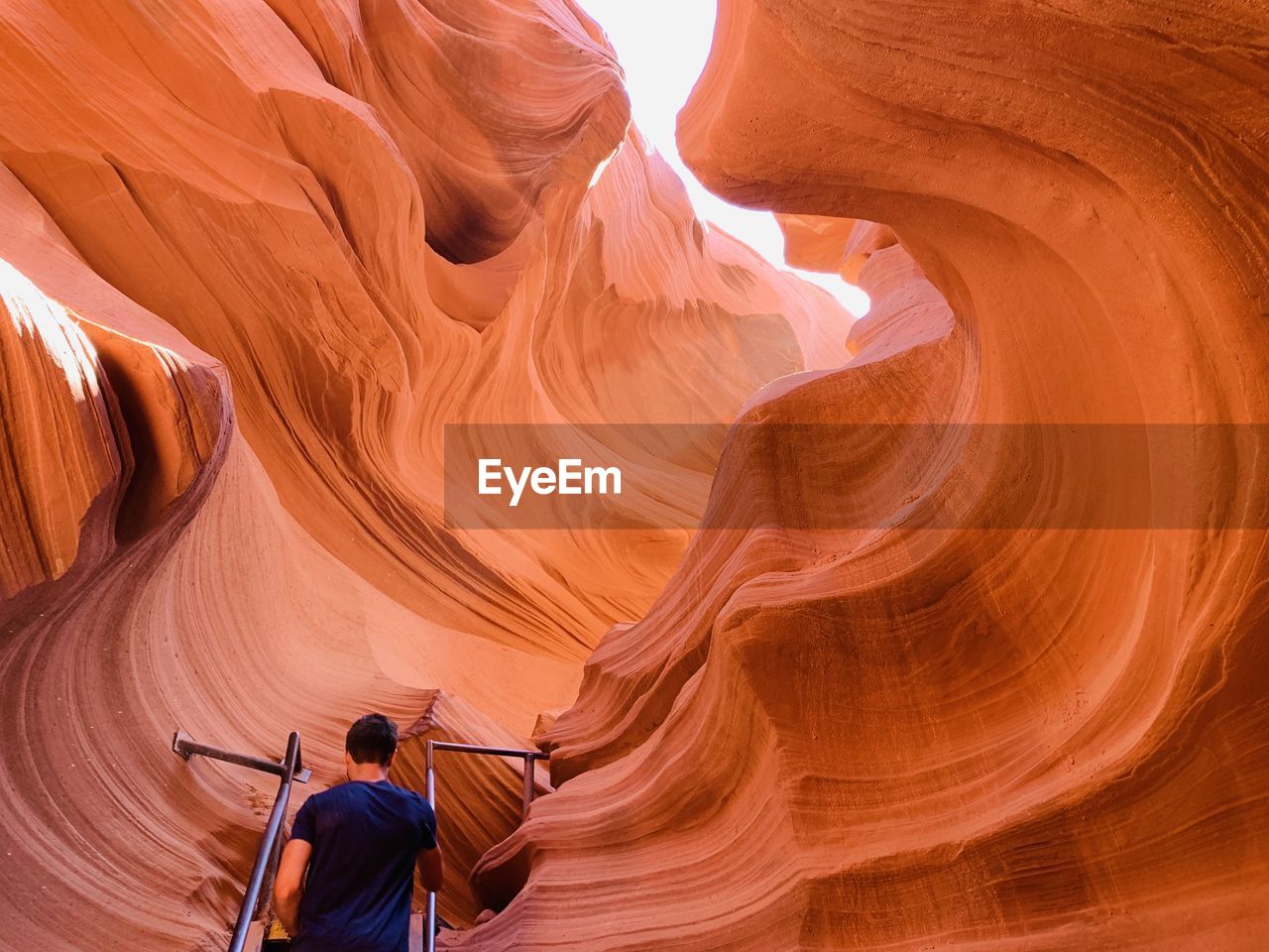 Rear view of man by rock formation