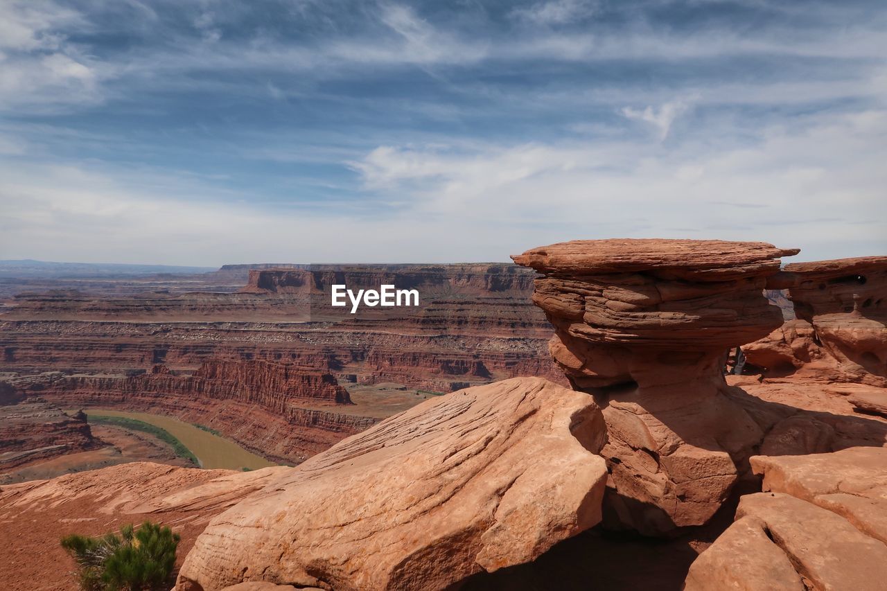 Rock formations on landscape against cloudy sky