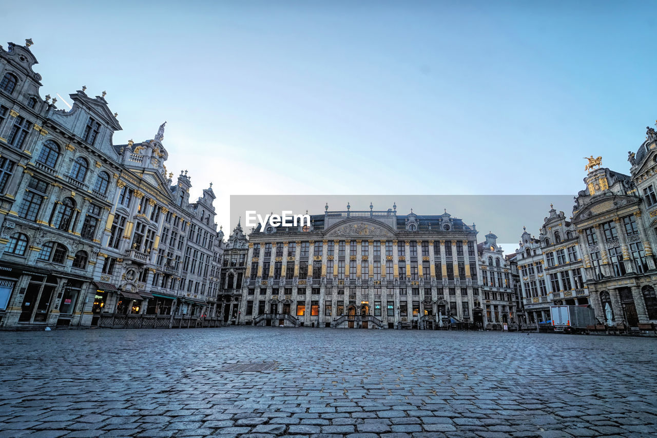 Wide angle shot on unesco, touristical grand place with town hall, maison du roi  in brussels