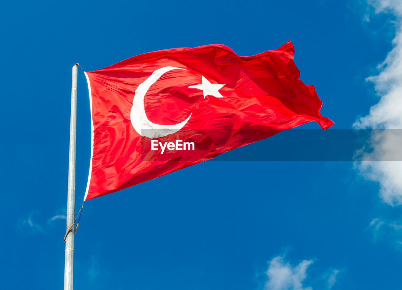 Low angle view of flag against clear sky