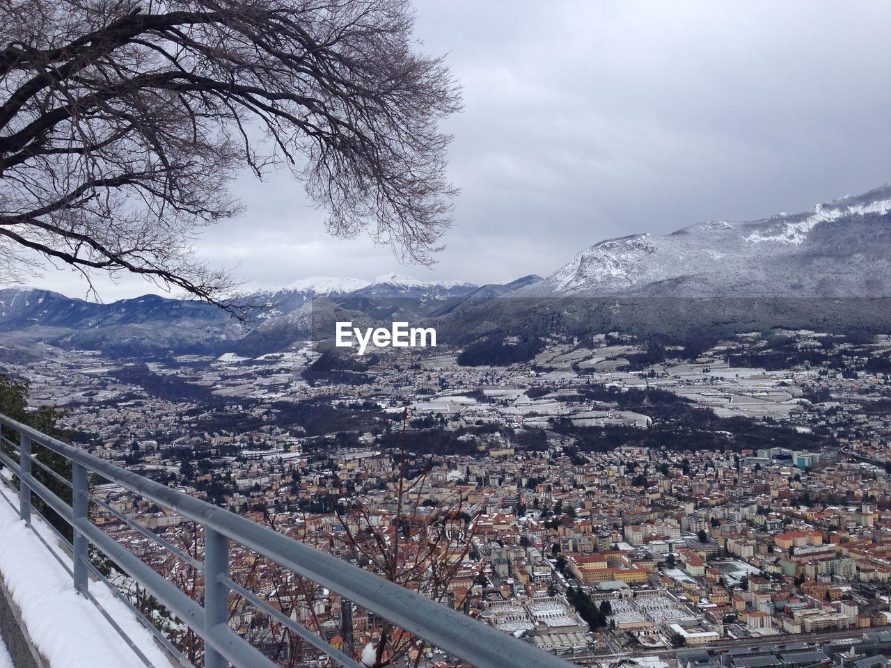 High angle view of townscape against sky during winter