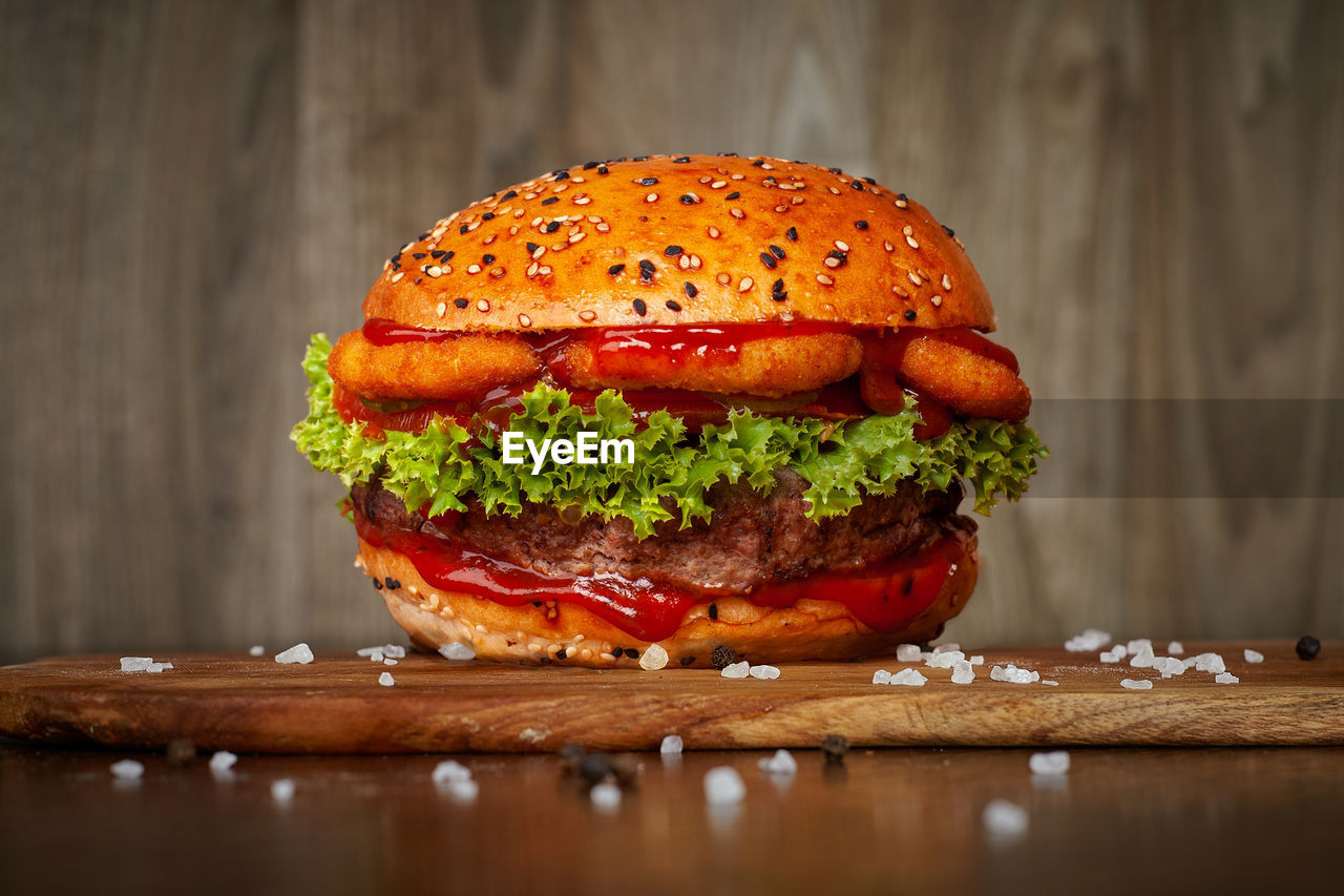 Close-up of burger on table