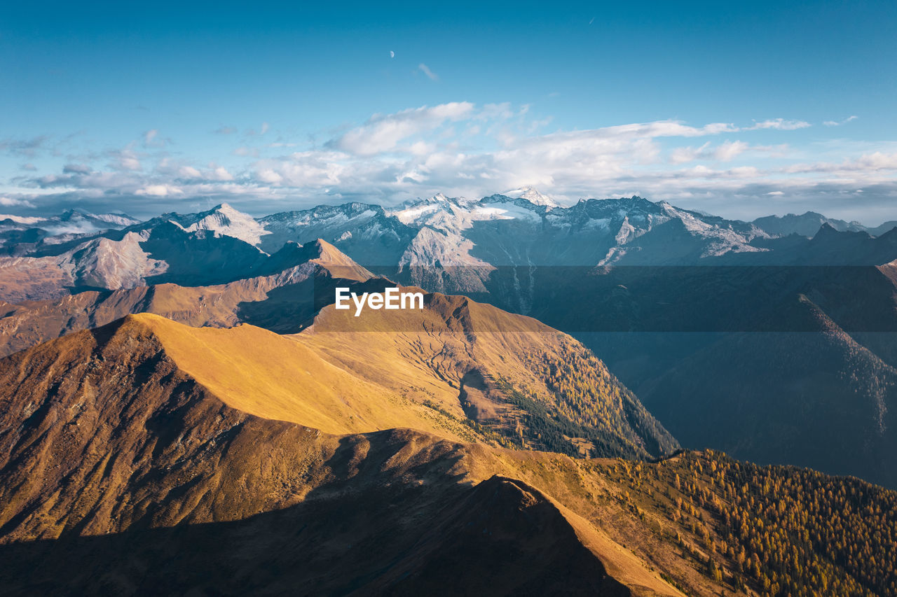 Aerial view of snowcapped mountains against sky