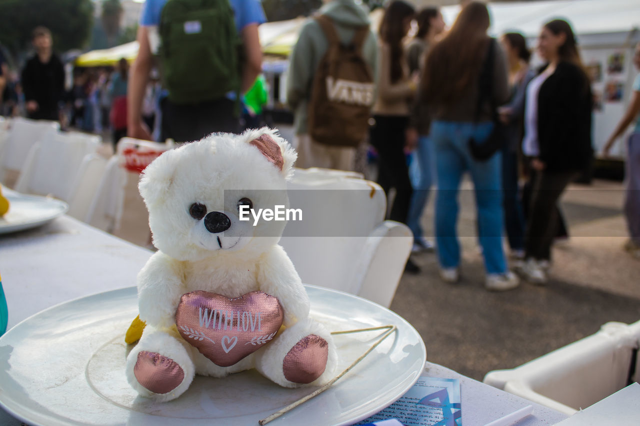 close-up of stuffed toys on table