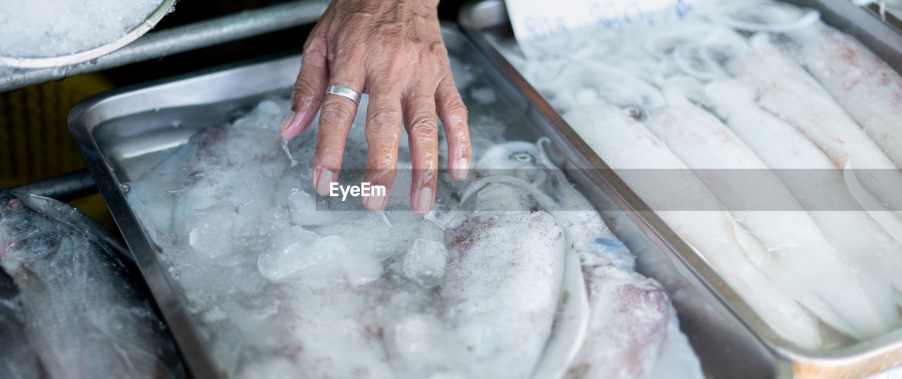 Female hand choosing sea fresh octopus for cooking at the seafood market.