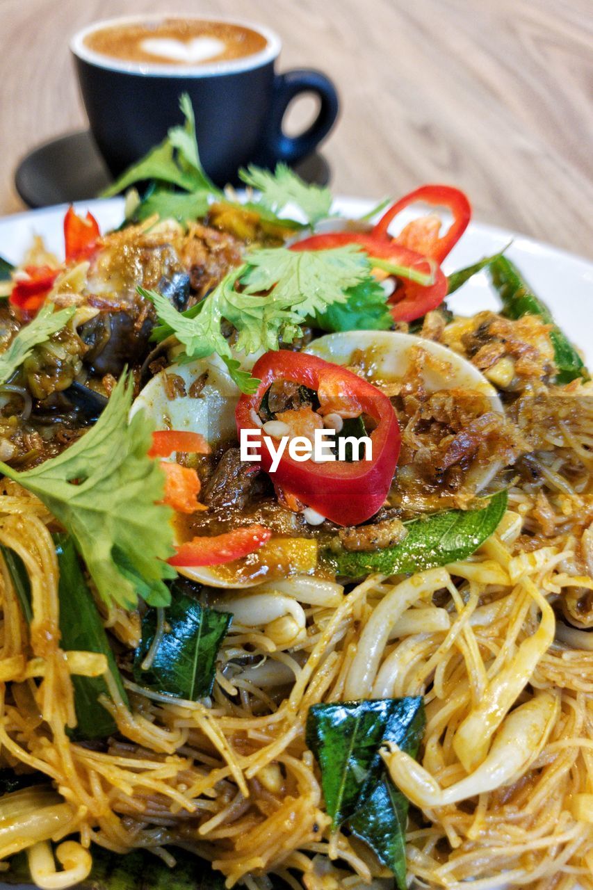 High angle view of meal served on table