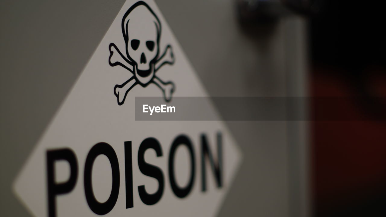 Close-up of skull and crossbones with the word poison on a warning sign.