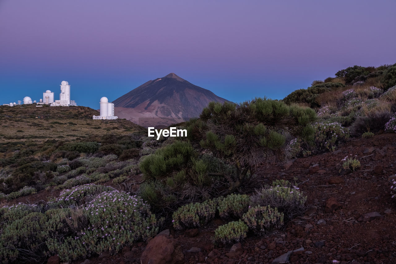 Observatory in teide nationalpark with volkano inthe background at sunrise