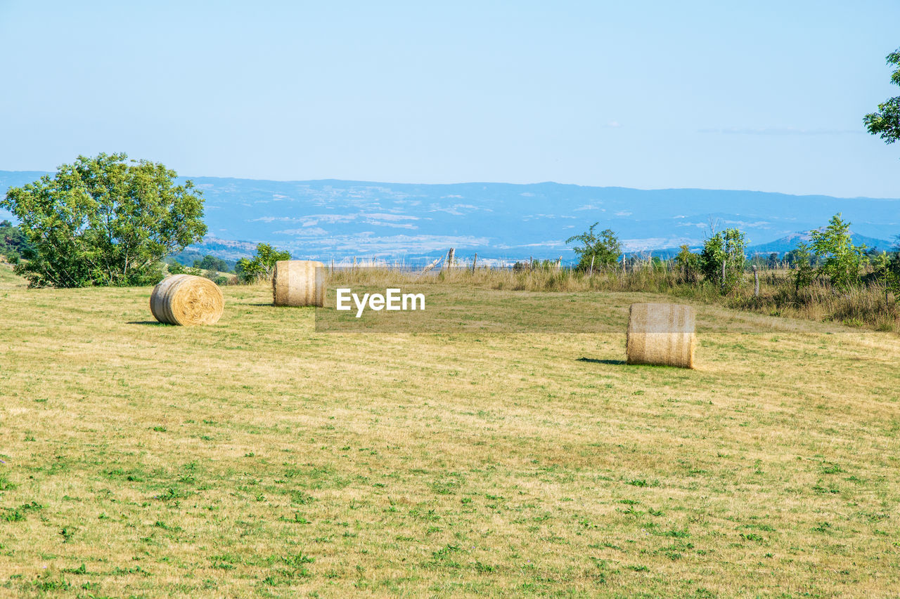 Hay bales on field against sky