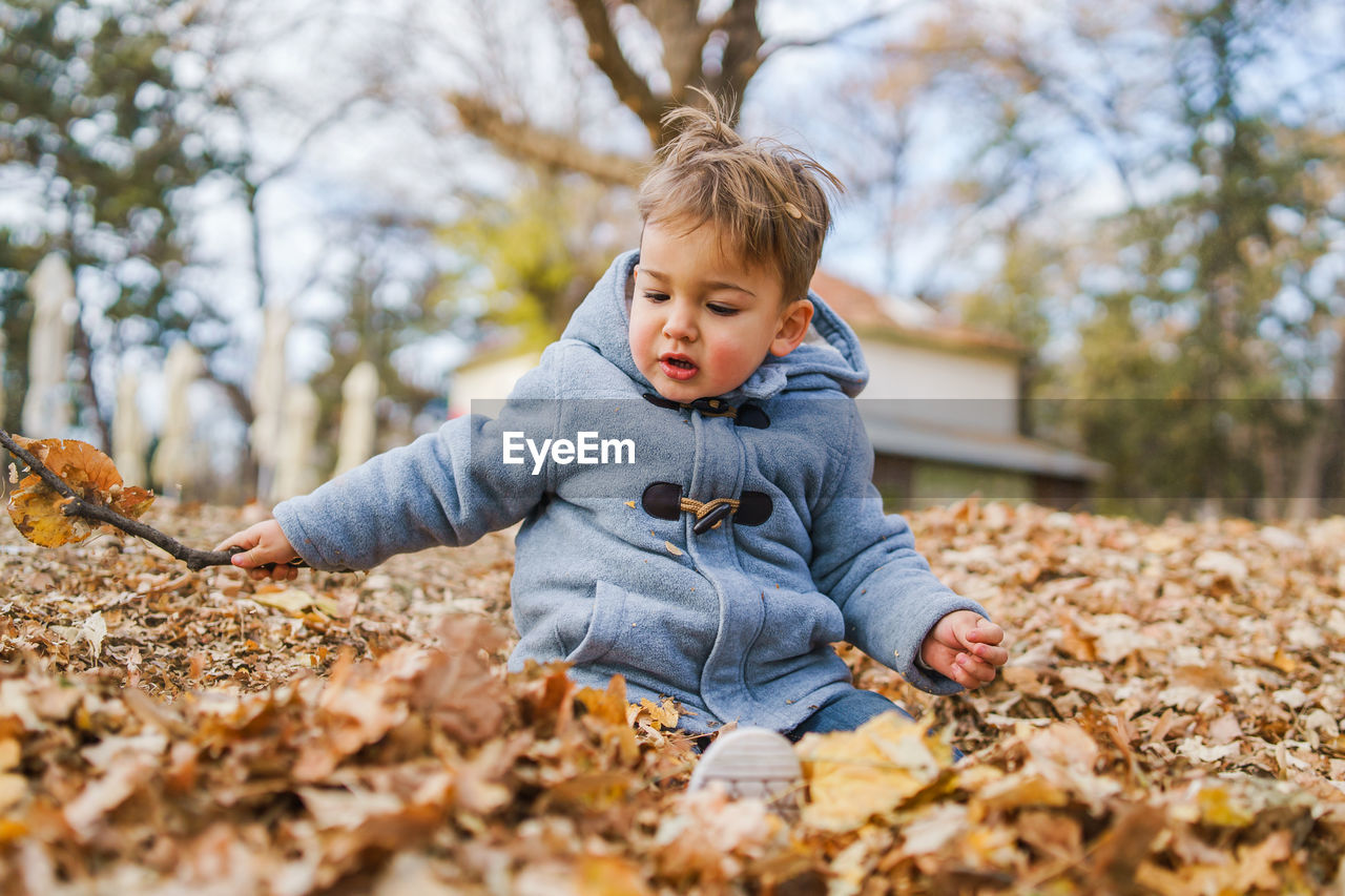 Boy playing with dry leaves during winter