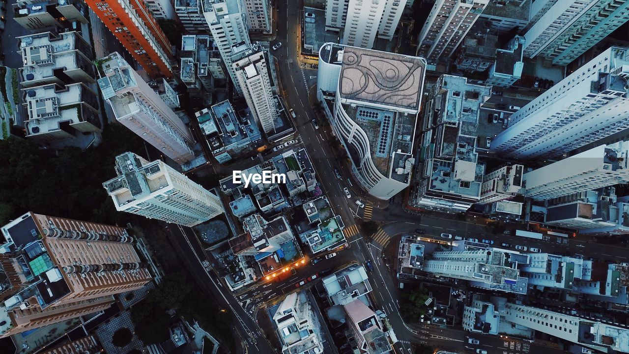 Directly above shot of modern buildings in city during dusk