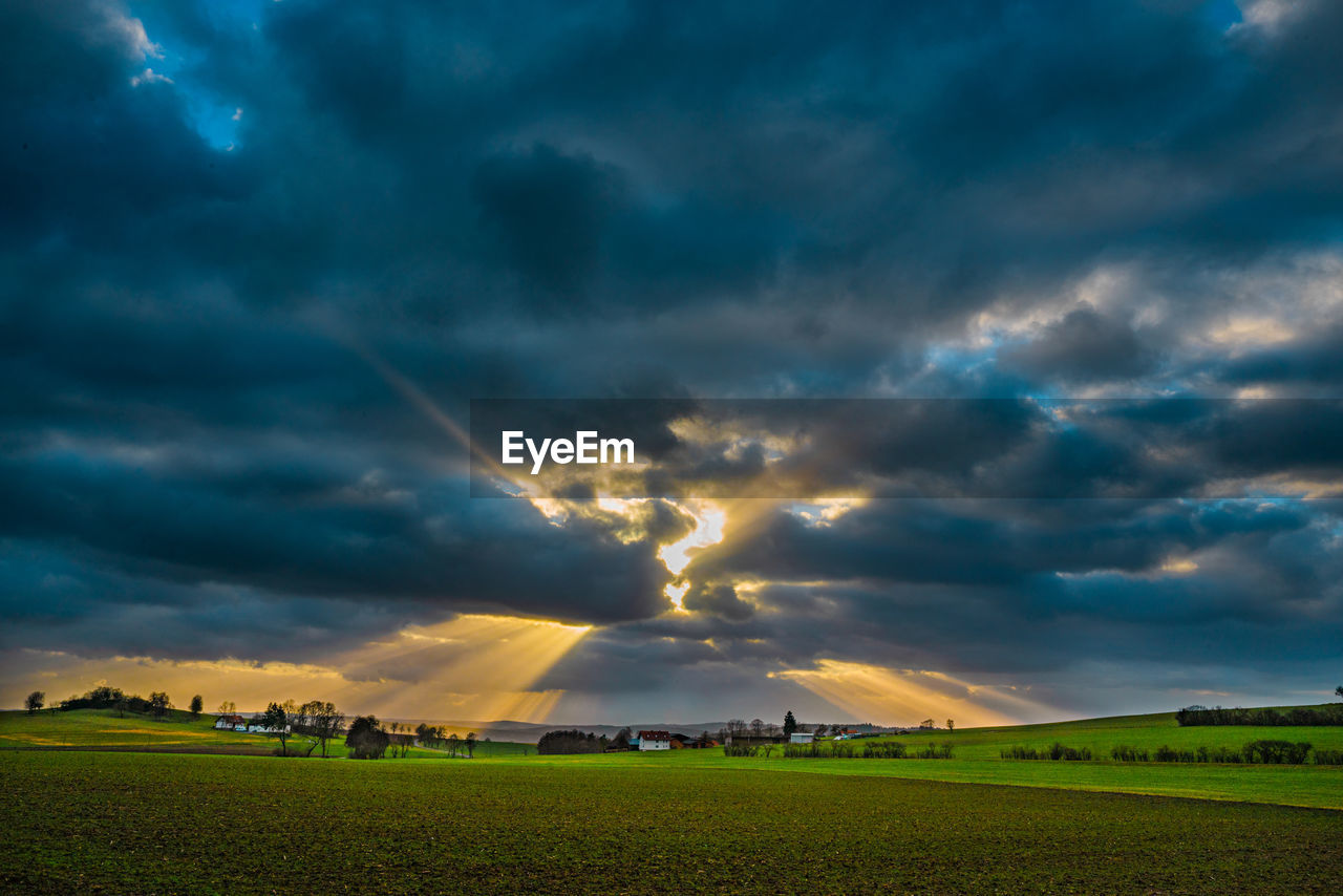 sky, cloud, environment, landscape, horizon, storm, beauty in nature, field, land, nature, dramatic sky, scenics - nature, storm cloud, rural scene, thunderstorm, plant, sunlight, agriculture, cloudscape, dusk, sunset, no people, plain, crop, outdoors, grass, overcast, horizon over land, blue, prairie, tranquility, summer, grassland, evening, sunbeam, power in nature, wet, cereal plant, green, rain, farm, moody sky, multi colored, tranquil scene