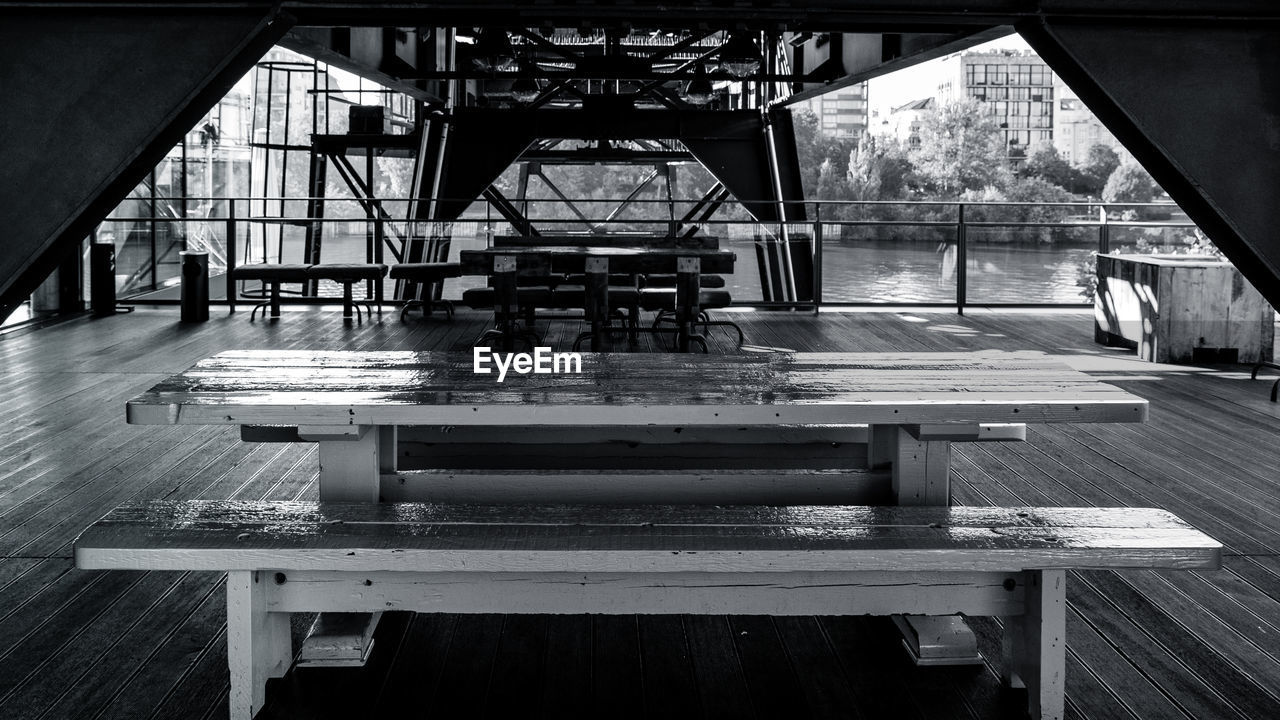 Empty picnic table at pier