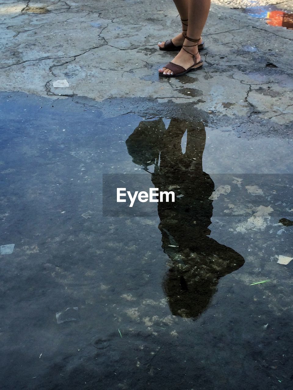 Low section of woman standing by puddle with reflection