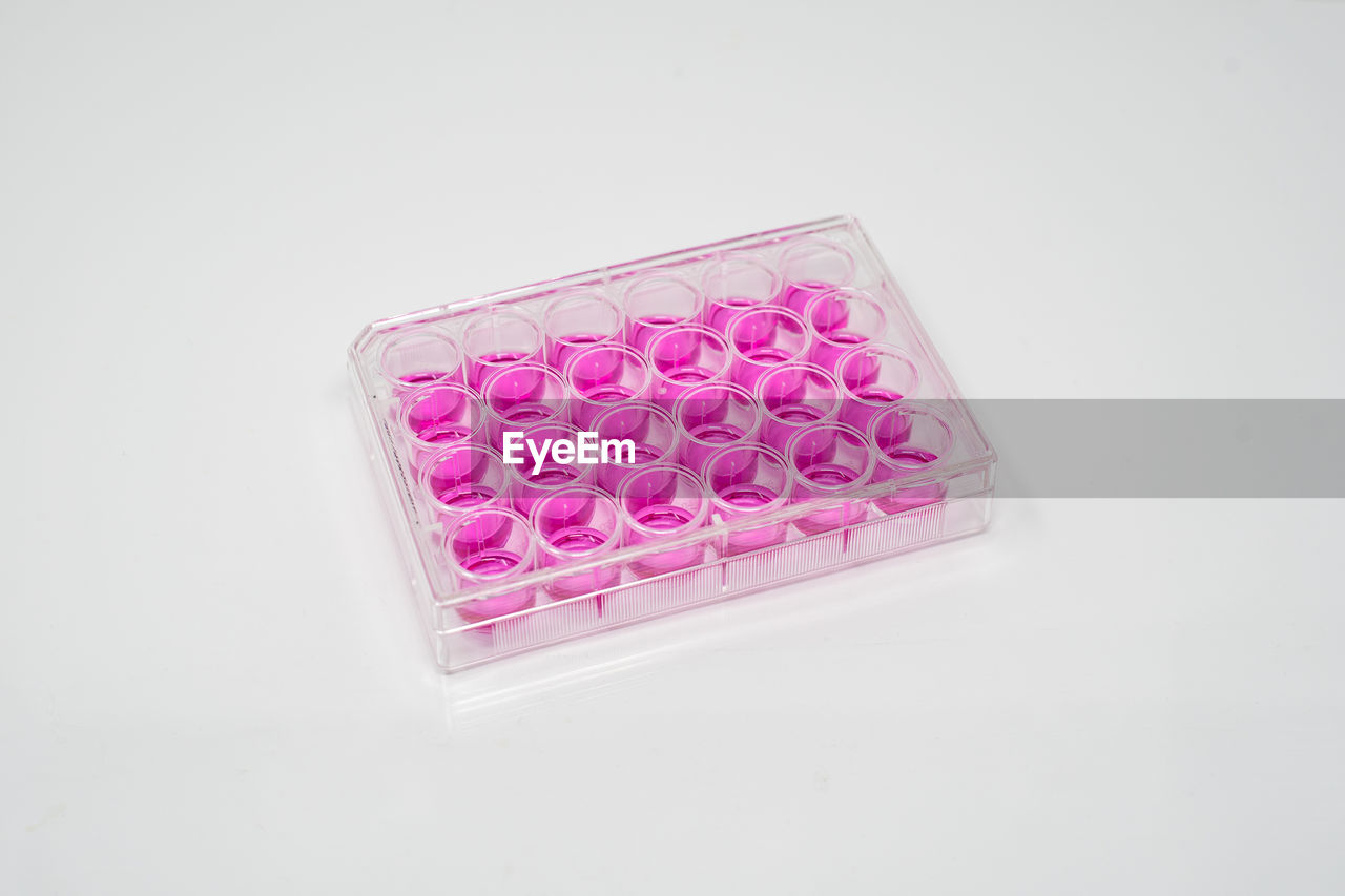 High angle view of pink liquid in container on white background