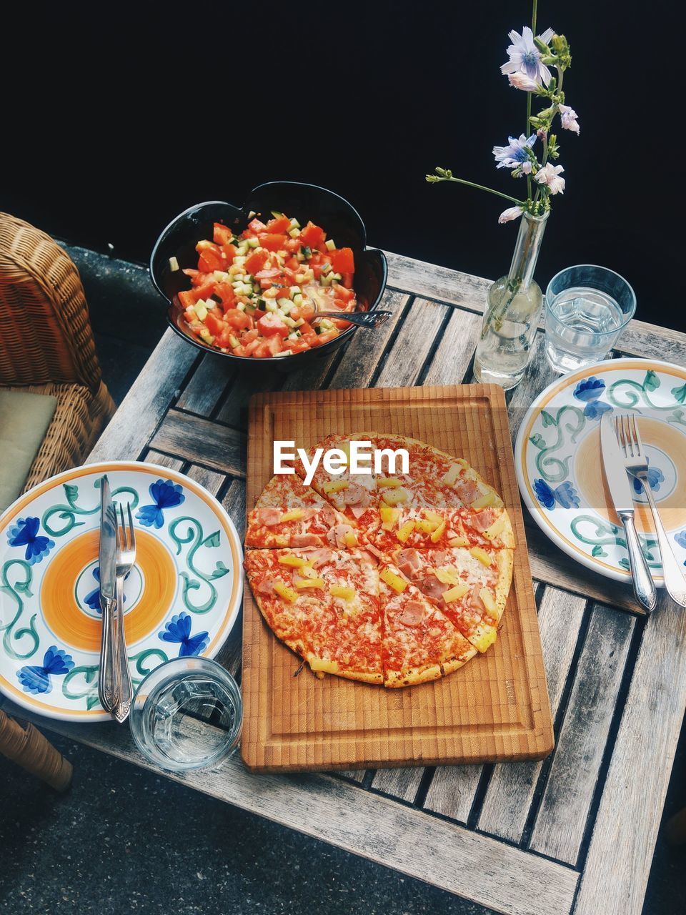 High angle view of pizza on table