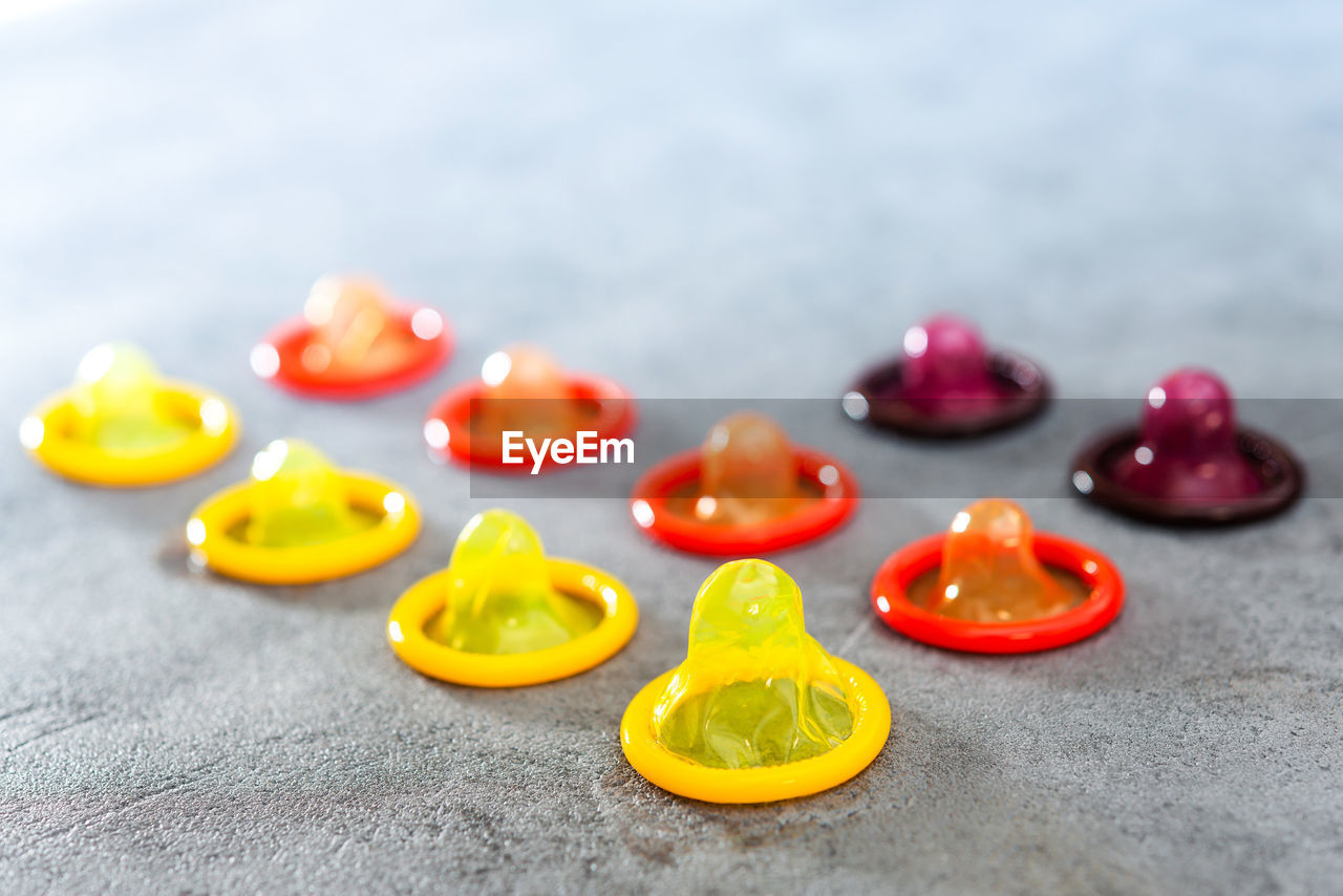 Close-up of colorful condoms