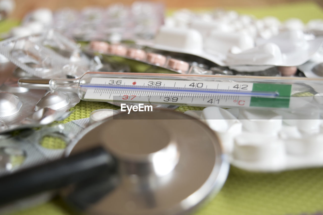 Close up of medicines with thermometer