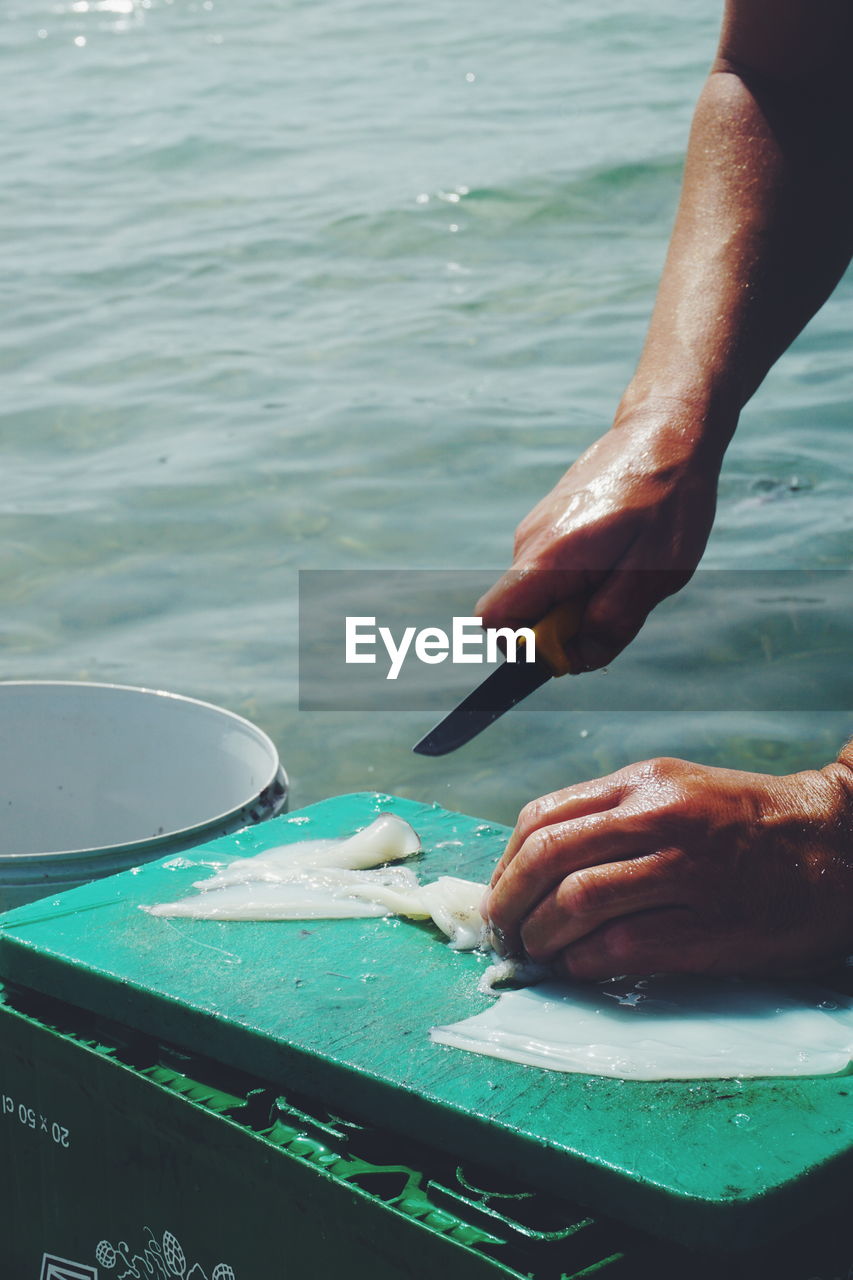 Fisherman cutting fish against sea